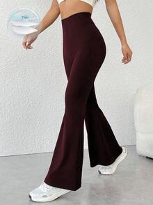 SHEIN PETITE 女士休闲运动日常通勤纯色高腰提臀喇叭裤阔腿裤女士高腰阔腿紧身裤女士高个子长裤女士喇叭打底裤阔腿瑜伽裤 - 酒紅色 - 查看 7