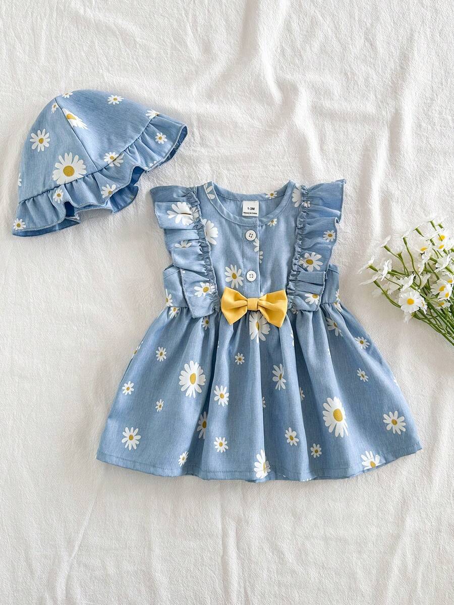 SHEIN Summer Newborn Baby Girl Apricot Round Neck Ruffle Cartoon Cherry Print Sleeveless Red Bow Dress With Red Hat Elegant And Cute - Baby Blue - View 1