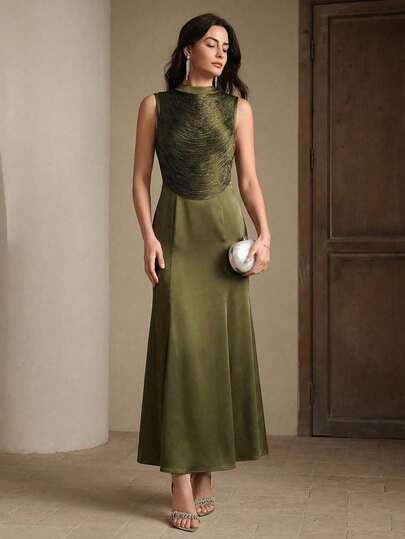 Anewsta 2 Pieces Sleeveless High Neck Fringe Patchwork Satin Fishtail Dress, Retro Chic & High-End