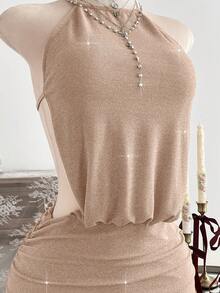 Elamini Sexy Backless Halter Metallic Shiny Mini Dress For Party - Champagne - View 5