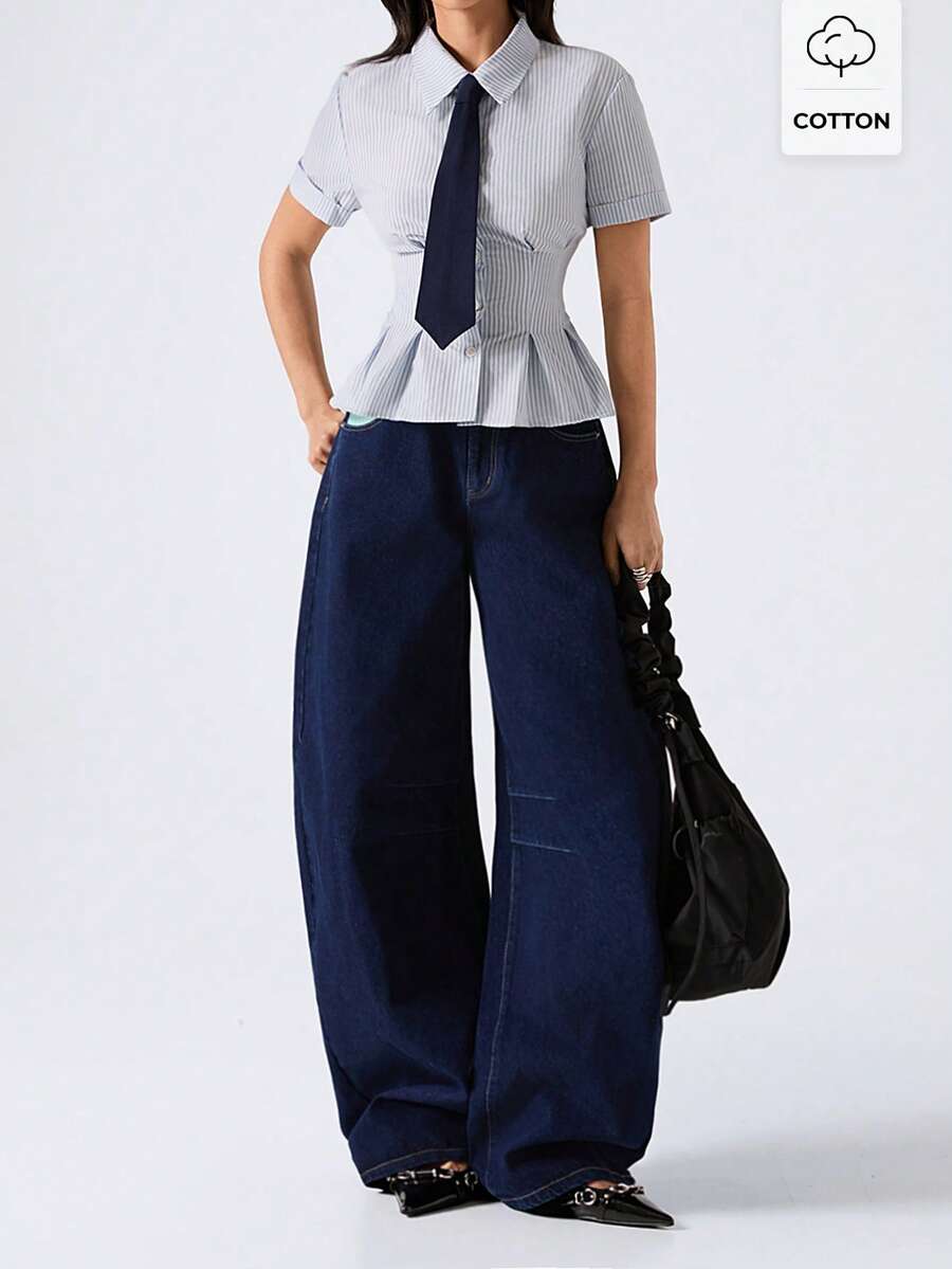 LYSMO 2026 New Arrive Minimalism Spring/Summer Women's Fashionable Striped Tie Collar Blouse,Stylish Women's Blouses/Casual Blouses For Women,Striped/Casual - Baby Blue - View 1