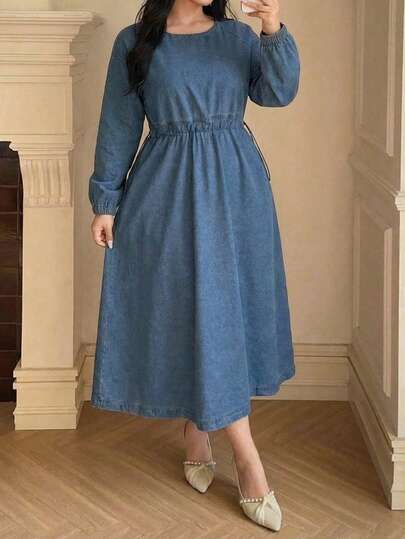Dazy Plus Solid Color Retro Casual Long Denim Skirt, Waist Cinched, Casual Plus Size Women's Long Sleeve Dress, Spring & Autumn
