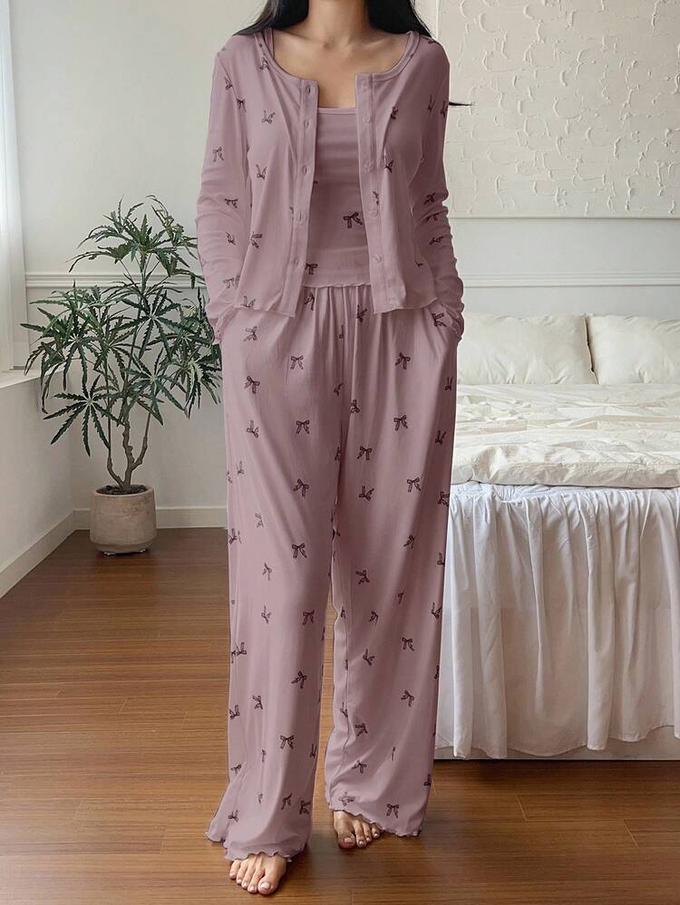 3pcs Spring Butterfly Print Cardigan, Camisole And Pants Women Pajama Set