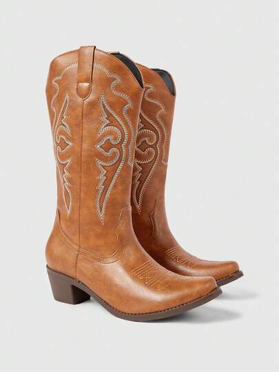 ROMWE 女士新款优雅加大码V形刺绣西部靴，时尚休闲套穿式中筒骑马靴