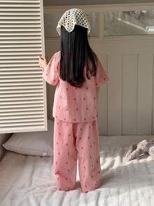DAZY Conjunto de pijama de pantalón y blusa de manga corta con botones y estampado floral para niña, primavera-verano - Rosa - Ver 2