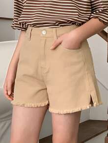DAZY Tween Girls Frayed Hem Denim Shorts - Khaki - View 4