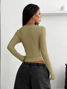 Coolane Women's Fall/Winter Streetwear Renaissance Fair Basic Rib Knit Warm/ Cold Weather/ Thermal Stretchy Long Sleeve V-Neck T-Shirt - Mint Green - View 7