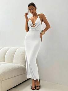 Aloruh Đầm ôm dáng màu nâu, cổ áo kiểu cúp ngực, khóa kim loại trang trí, dây mảnh dành cho nữ. - trắng - Xem 3