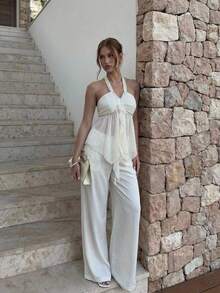 Firerie Áo kiểu nữ thanh lịch, sang trọng, không lưng, buộc dây phía trước bằng vải chiffon, cổ áo đính đá lấp lánh / Mùa hè / Trang phục mùa hè / Trang phục mùa xuân cho nữ / Trang phục đi biển cho nữ / Trang phục đi nghỉ mát cho nữ / Áo kiểu bóng / Áo kiểu trắng - Màu be - Xem 3