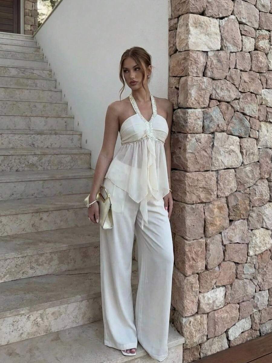 Firerie Áo kiểu nữ thanh lịch, sang trọng, không lưng, buộc dây phía trước bằng vải chiffon, cổ áo đính đá lấp lánh / Mùa hè / Trang phục mùa hè / Trang phục mùa xuân cho nữ / Trang phục đi biển cho nữ / Trang phục đi nghỉ mát cho nữ / Áo kiểu bóng / Áo kiểu trắng