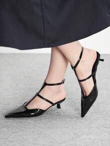 CUCCOO BIZCHIC Giày sandal nữ mũi nhọn, da bóng màu đen, kiểu dáng tối giản, quai chữ T, kín mũi, thanh lịch, phù hợp đi làm hàng ngày và hẹn hò buổi tối. - màu đen - Xem 5