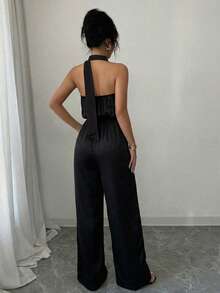 Elenzga 1pc Women's Spring/Summer Lace Trim V-Neck Tie Waist Jumpsuit, Elegant Commuting & Casual Wear - Black - View 2