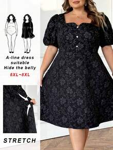 SHEIN CURVE+ 大码女装时尚优雅黑色方领纹理面料短袖泡泡袖前扣设计A字长裙 - 黑色 - 查看 10