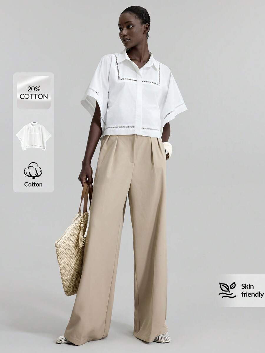 Ontre 2026春夏新款女装，适合春夏、返校、情人节、假日、婚礼宾客、商务休闲、复古优雅百搭基础款、纳什维尔风格、乡村音乐节、街头风、北欧风、独立日等场合，女士休闲纯色蝙蝠袖衬衫，春夏新款服装 - 白色 - 查看 1