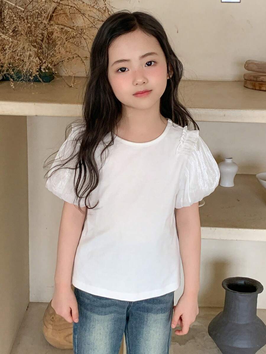 DAZY Girls (Small) Round Neck Ruffle Trim Puff Sleeve T-Shirt - White - View 1