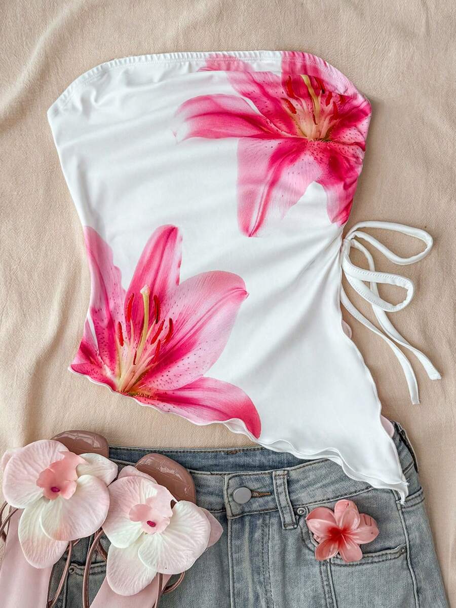 SHEIN Tween Girls White Knit Floral Print Asymmetrical Hem Tube Top Camisole With Drawstring, Spring/Summer - White - View 1