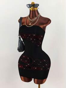 Amplova 2026音乐节时尚标语红色水钻女士新款迷你连衣裙 - 黑色 - 查看 3