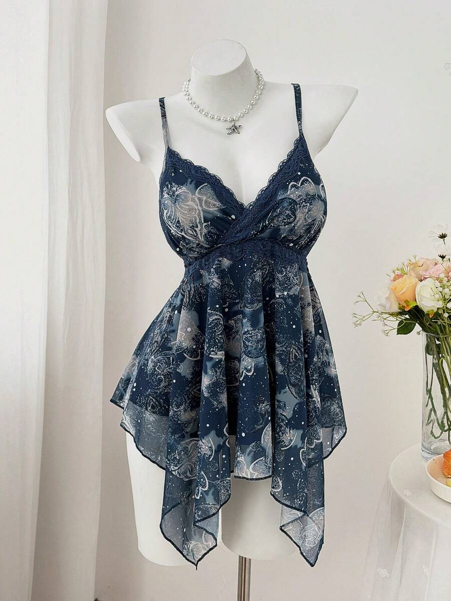 Sweetra Women's Print Cashew Flower Collar Lace Asymmetrical Hem Scarf Hem Camisole, Paisley Print, Music Festival, Summer, Vacation, Daily Wear - Blue - View 1