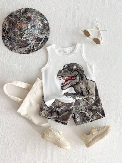 SHEIN Playful Pals Baby Boy 3-Piece Summer Set: White Fashionable Letter Print Tank Top, Palm Tree Print Beach Shorts, Matching Hat, Suitable For Beach Vacation, Casual Daily Wear, And Outdoor Activities