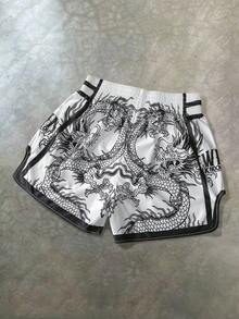 PAVTROS Manfinity Streetrush Men's Shorts One-Piece Set, Elastic Waist, High Tolerance, High Waist And Short Version, Super Shorts, Glossy Fabric With "Black And White Dragon And Tiger" Pattern, Thai Boxer Shorts, Sports Casual Basketball Shorts, Side Slits, Hot On Ins, Young Casual Sports Daily Commuting And Vacation Wear, The First Choice For Gifts For Boyfriends And Husbands, Couples Wear - White - View 2