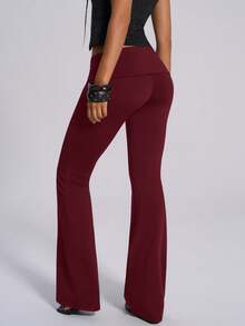 TypaGal Women's Casual Fashion Street Chic Daily Commute Metal Decor Foldover Waist Flare Leg Pants Bell Bottom Pants Flared Pants - Burgundy - View 2