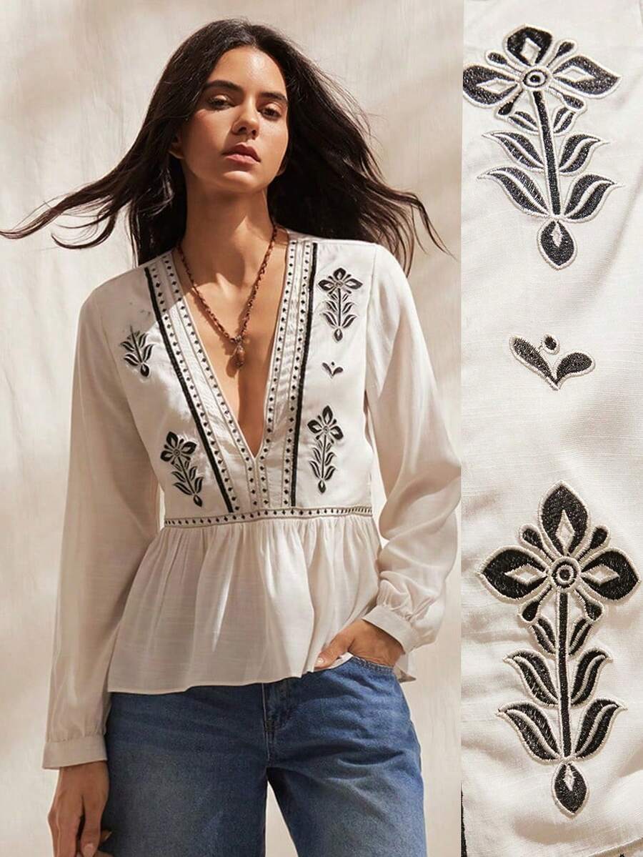 Easelle 女士杏色花卉刺绣V领灯笼袖荷叶边下摆衬衫 - 杏色 - 查看 1