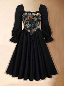 Sweetra 大码宫廷风提花拼布长袖连衣裙 - 黑色 - 查看 6