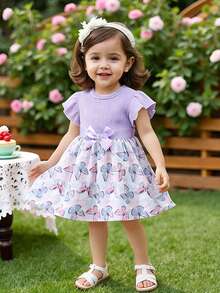 SHEIN 女婴休闲日常百搭可爱蝴蝶印花连衣裙，配腰带，适合外出穿着 - 紫色 - 查看 9