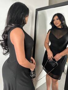 Firerie Plus Size Comfortable Casual Elegant Vacation Party Sexy Mesh Sheer Stand Collar Sleeveless Bodycon Mini Dress For Women, Spring/Summer Wedding Dress For Women Black Dress Plus - Black - View 5