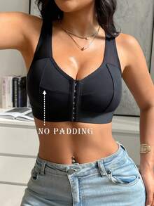 1 pieza Sujetador inalámbrico de cierre frontal de unicolor para mujer - Negro - Ver 1