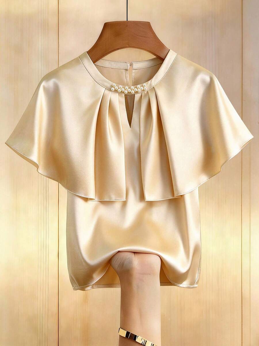 GlowEve Elegant Chiffon Satin Beaded Batwing Sleeve Blouse - Apricot - View 1