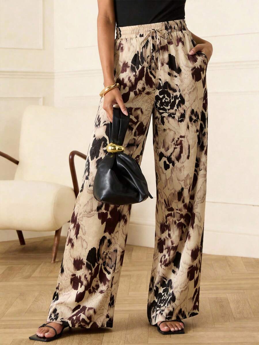 Lilora Women's Elegant All-Over Print Waist Tie Casual Fashion Pocket Pants,Gown For Prom Night,Prom,Printemps à été,Going Out,Vintage,رمضان,Spring To Summer - Multicolor - View 1