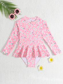 少女海滩度假印花连体泳衣 - 淺粉色 - 查看 6