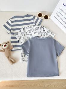 SHEIN 3pcs Toddler Casual Dinosaur Pattern Knit Set, Short Sleeve T-Shirt, Spring/Summer - Grey - View 2