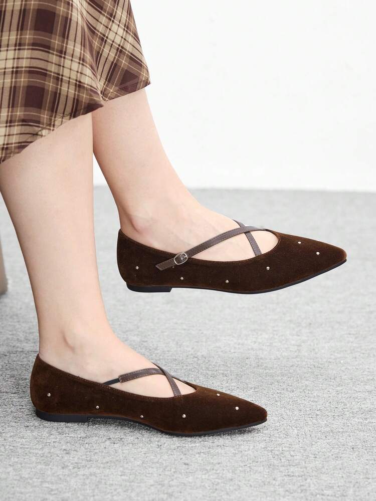 CUCCOO BIZCHIC Women Shoes Outdoor Women's Pointed Toe Flat Bottom Round Toe Nail Decorative Cross Belt Design Fleece Fabric Fashion Comfortable Daily Party Banquet Buckle Style Solid Color Shoes Spring Shoes