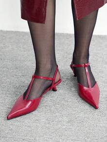 CUCCOO BIZCHIC Women's Patent Leather Pointed Toe T-Strap Backless Stiletto Heel Sandals, Fashionable Minimalist Design For Commuting - Red - View 5