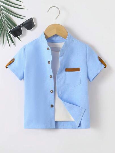 SHEIN Streecool Kids Young Boy Casual Contrast Color Pocket Front Button Short Sleeve Shirt, Summer