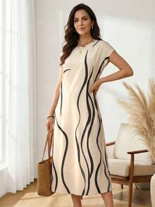 Miaspire Vestido casual de mujer con cuello redondo y mangas cortas con estampado de líneas - Multicolor - Ver 6