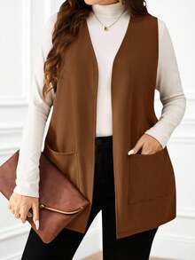 Miaspire Áo khoác không tay dáng rộng màu trơn cỡ lớn, đơn giản, thường ngày, xuân/hè, kỳ nghỉ, áo khoác không tay, quà tặng cho mẹ, phong cách Bohemian, nghỉ xuân, tiệc tùng, đồng quê, mùa thu, mùa thu - Màu nâu Sô-cô-la - Xem 3