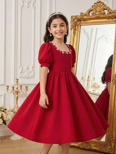 Glamorique Kids Retro söt röd puffärmd elegant klänning för flickor, fyrkantig krage pärldekorerad midja A-linjeformad festklänning