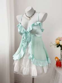 Sweetra Áo kiểu dáng cỡ lớn mới về, thanh lịch, ngọt ngào, thích hợp đi chơi, chất liệu chiffon và satin, viền bèo nhún, dây buộc, vạt áo bất đối xứng, áo crop top không tay cho mùa xuân, hè, thu. - Màu xanh Bạc hà - Xem 6