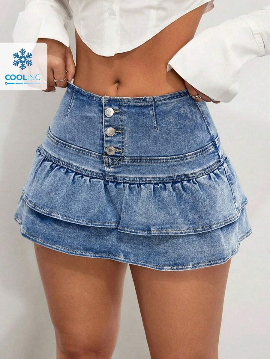 SHEIN ICON Quần Jeans Rách Lưng Cao, Thời Trang Phù Hợp Cho Mùa Hè - Rửa trung bình - Xem 1