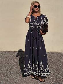 DAZY Spring Round Neck Petal Sleeve Waist Embroidered Women's Mid-Length Dress - Navy Blue - View 3