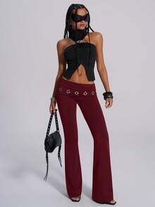 TypaGal Women's Casual Fashion Street Chic Daily Commute Metal Decor Foldover Waist Flare Leg Pants Bell Bottom Pants Flared Pants - Burgundy - View 5