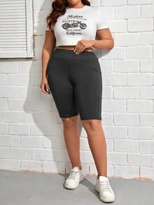 SHEIN Essnce Plus Size Casual Comfortable Multi-Pocket Leggings - Grey - View 5