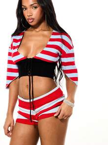 SUMWON WOMEN Ribbed Knit Striped High Rise Hot Pants Booty Shorts With Lace Up Corset Detail - Multicolor - View 6