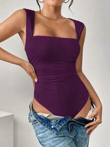 SHEIN Essnce Plus Size Women's Summer Casual Tight Tank Bodysuit, Summer , Curve , Brunch Outfit - Purple - View 8