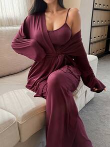 DAZY 3pcs Comfortable Knit Robe, Camisole And Pants Women Sleepwear Set - Red - View 4