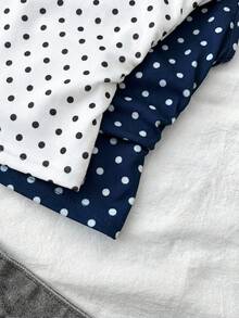 少女白色针织休闲简约波点印花不对称褶皱短款上衣，适合春夏穿着，休闲百搭，可打造个性造型，日常穿着 - 黑與白 - 查看 7