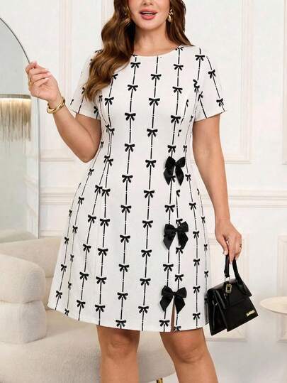 Reflora 大码女装连衣裙，夏季优雅蝴蝶印花短袖连衣裙，休闲简约黑白印花连衣裙，适合日常穿着